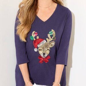 Catherines Xmas Tee /w Sequins Reindeer Santa Navy Jersey 3/4 Sleeves- 4X- NWT